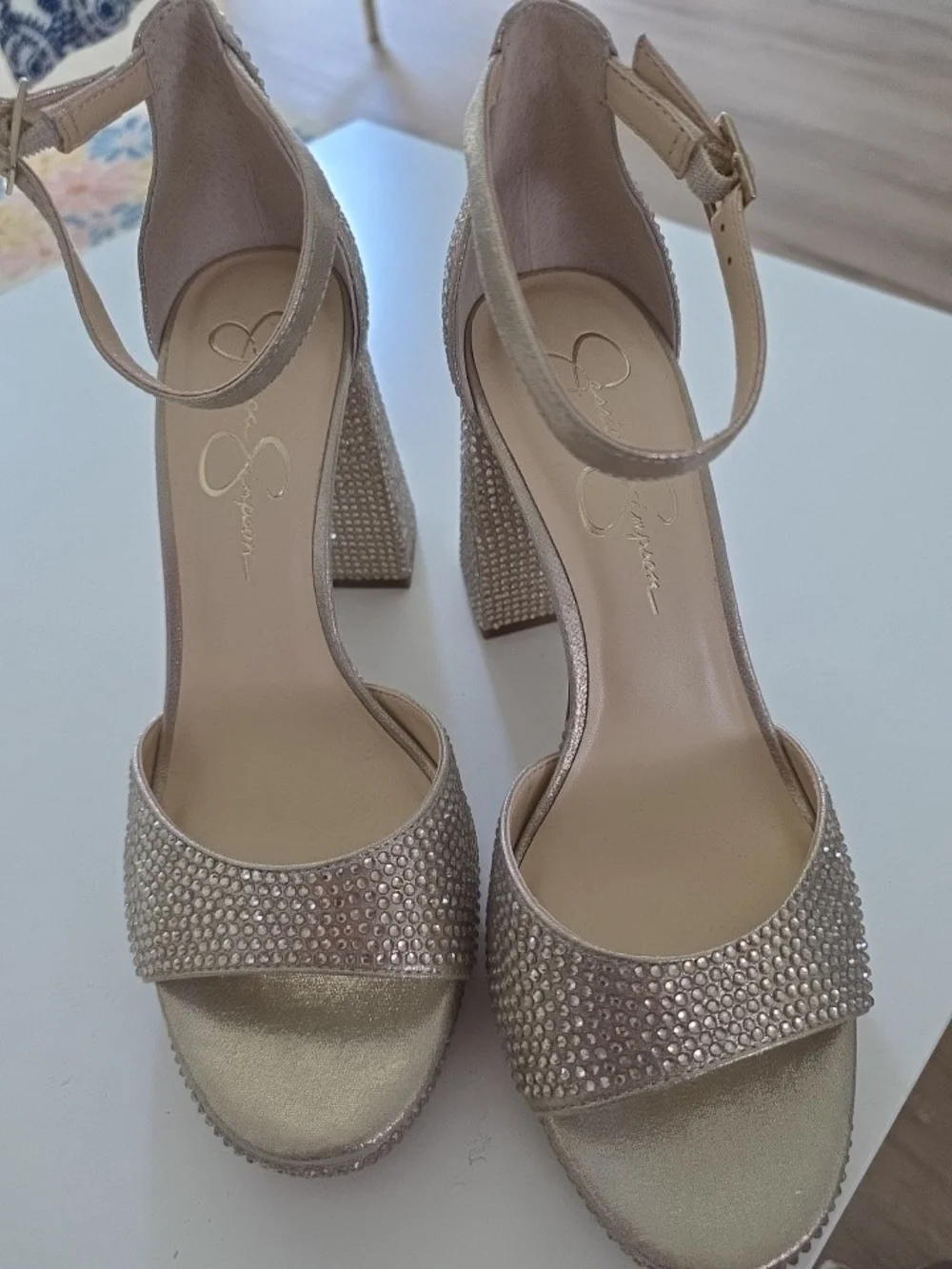 Jessica Simpson Champagne Rhinestone Block Heel Sandals